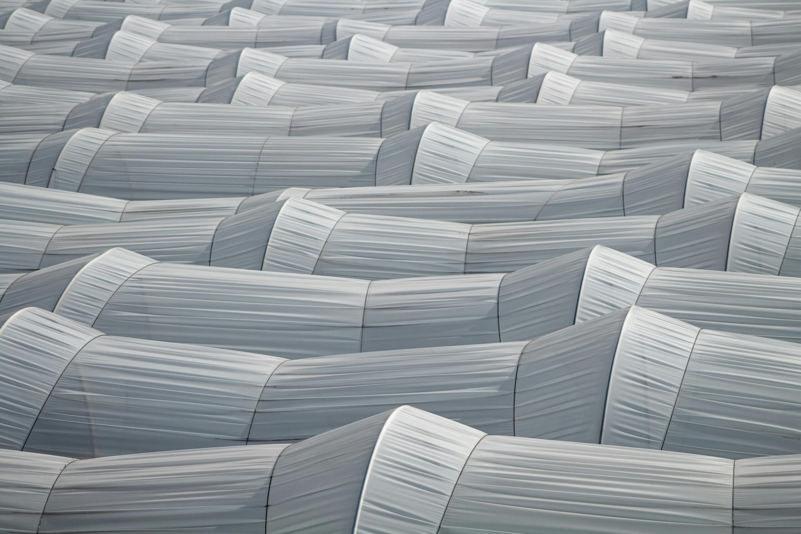 Rows of greenhouses pattern the landscape, creating a modern agricultural visual rhythm.
